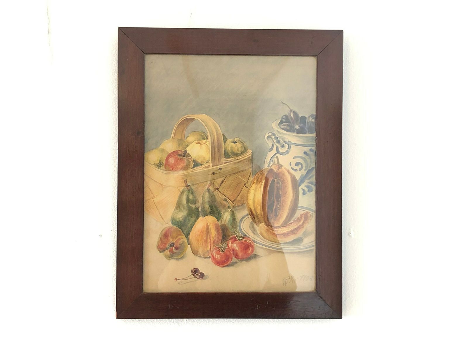 Antique Original Danish Still Life Watercolour From 1908 By Oh With Motive Of Fruit Served In Basket And Porcelain