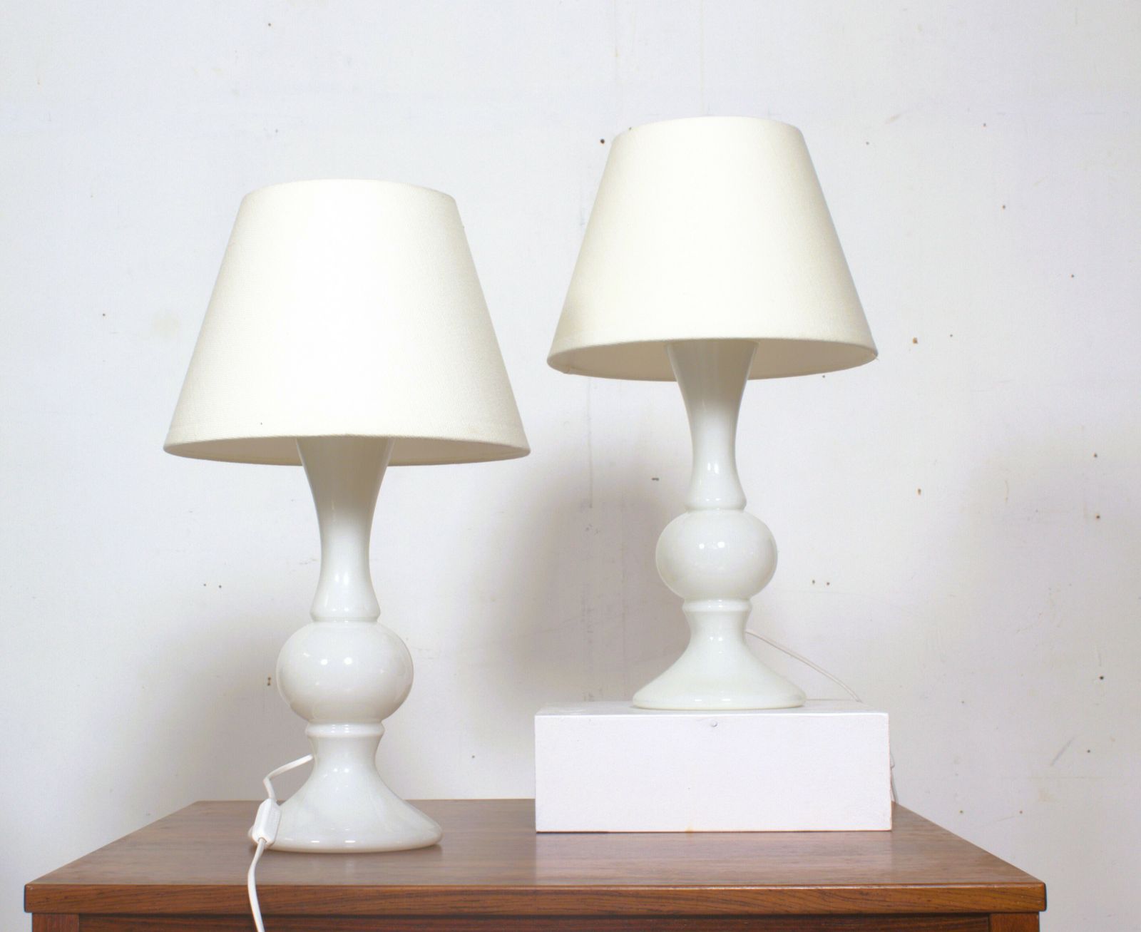 Lighting Pair Of White Glass Lamps By Luxus Lighting, Sweden, 1980 photo