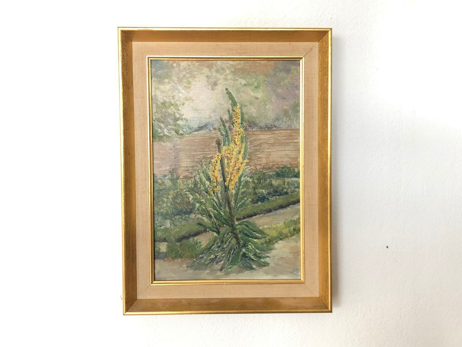Danish Mid Century Oil Painting From 1961 Signed F.S.M. With Nature Motive Of Yellow Great Mullein