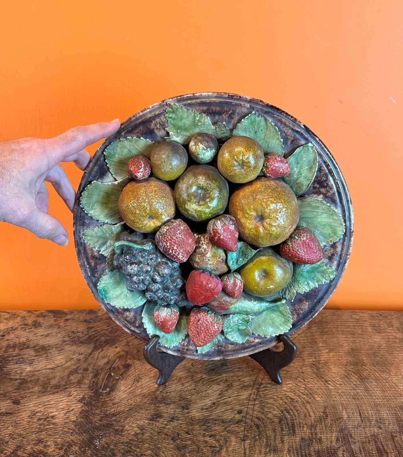 19th Century Portuguese Majolica Dish With Fruit By Jose Alvez Cunah photo Art