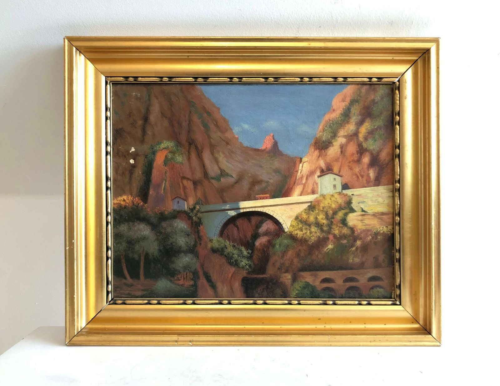 Antique Original Oil On Canvas Landscape Painting With Motive Of A Bridge In The Sunny Mountains   Exclusive Original Danish Art