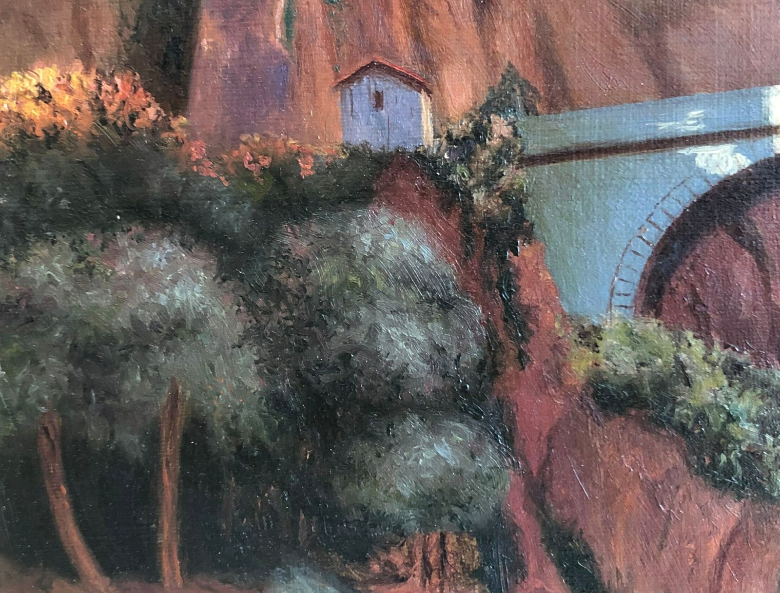 Antique Original Oil On Canvas Landscape Painting With Motive Of A Bridge In The Sunny Mountains   Exclusive Original Danish Art photo for sale
