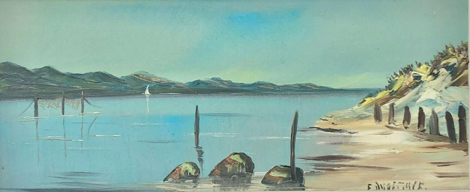 Danish Original Expressionist Erling Dyremose Mid Century Oil On Plate Painting In Great Colours With Motive Of Ocean View With Ships photo furniture