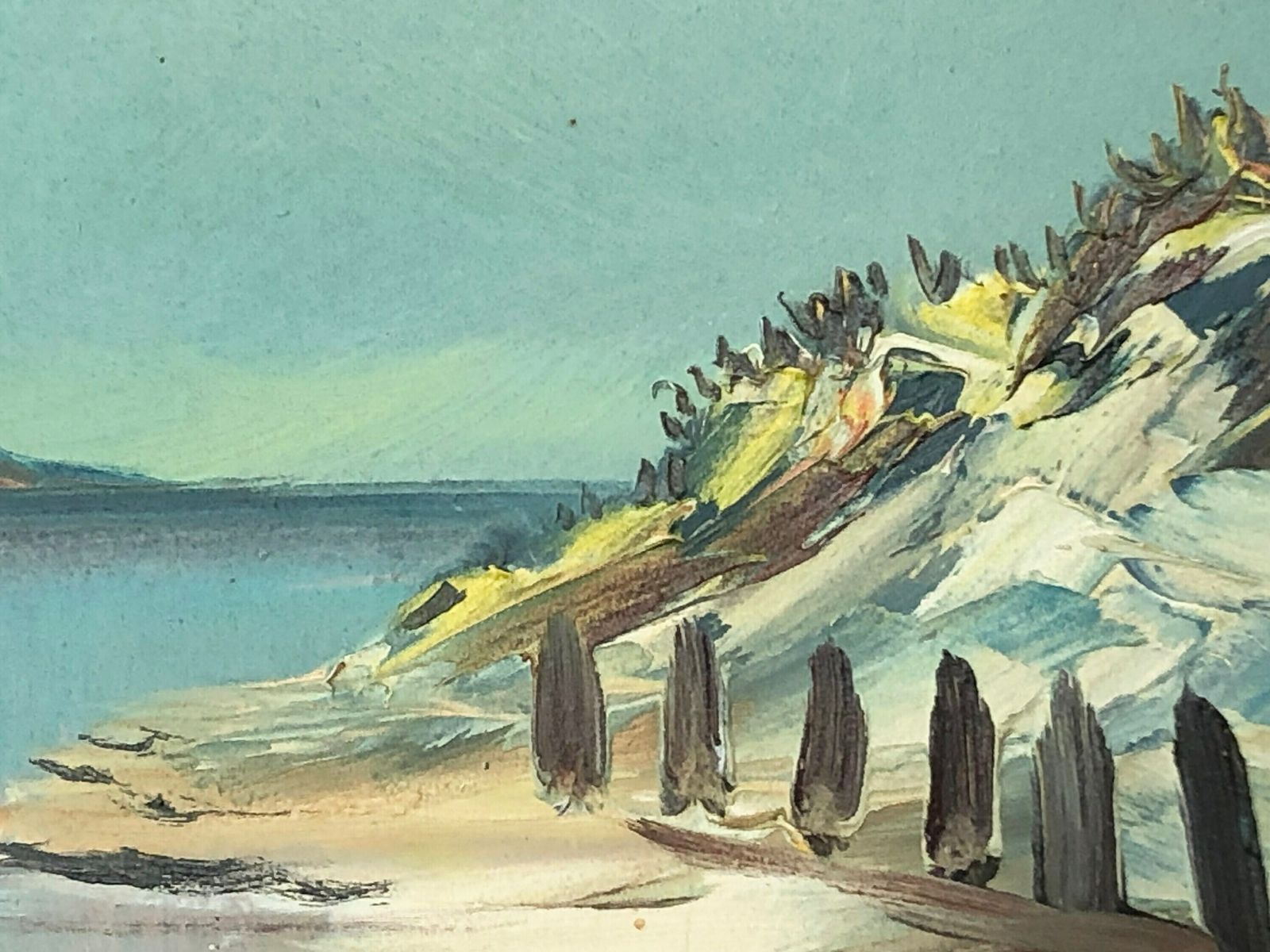 Danish Original Expressionist Erling Dyremose Mid Century Oil On Plate Painting In Great Colours With Motive Of Ocean View With Ships photo vinterior