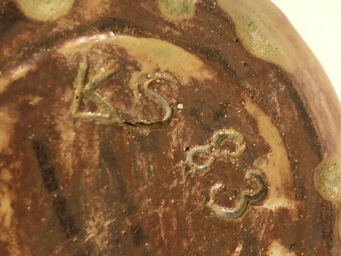 photo for sale Danish Mid Century Fine Art Ceramic Bowl From 1983 With Gorgeous Beige And Brown Nuanced Glaze, Branch Decoration And Organic Shape