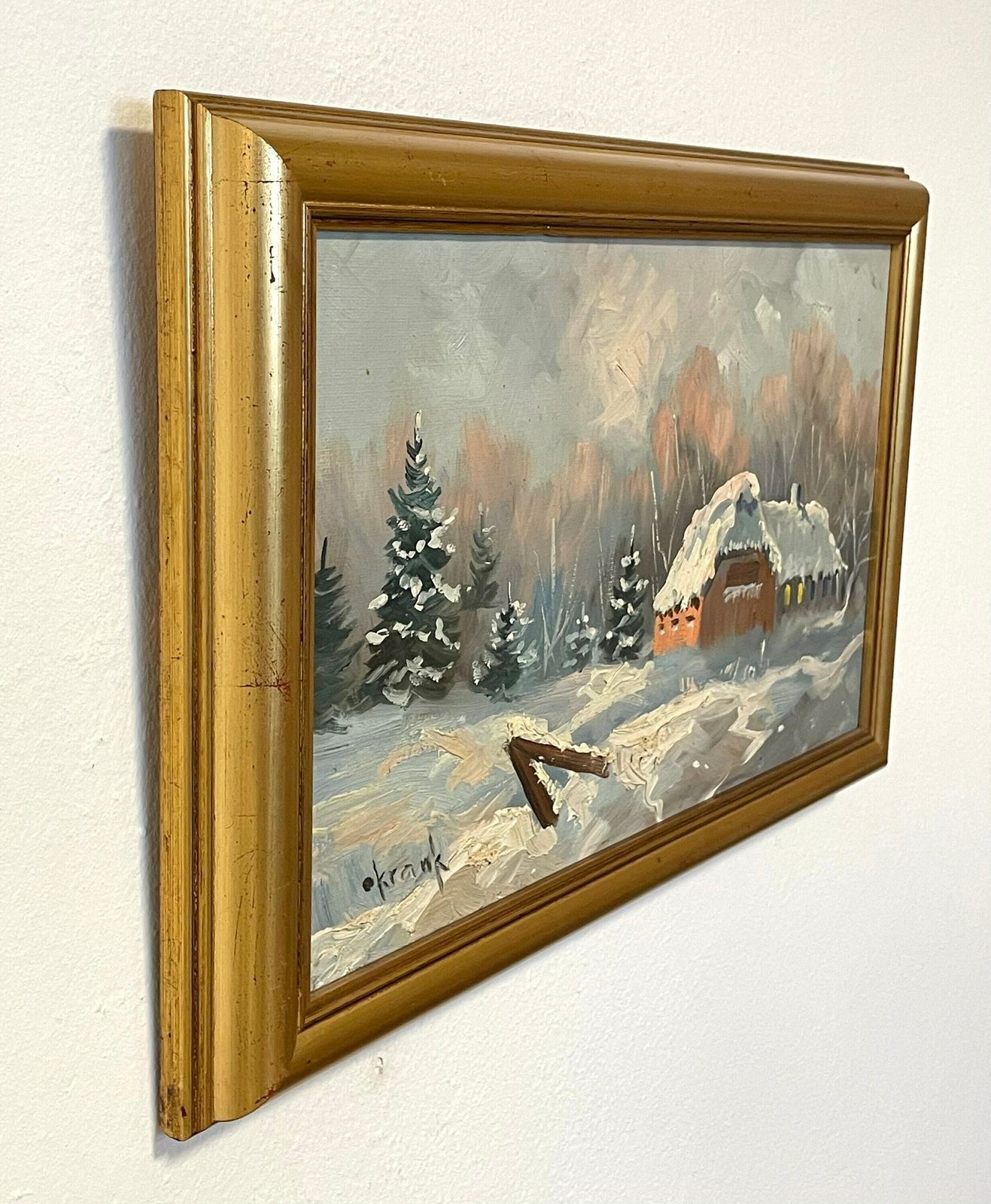 Original Danish Vintage Oil Painting By Otto Krank (1917 2009) From The 1960s   Winter Landscape With Farm And Beautiful Light photo vintage