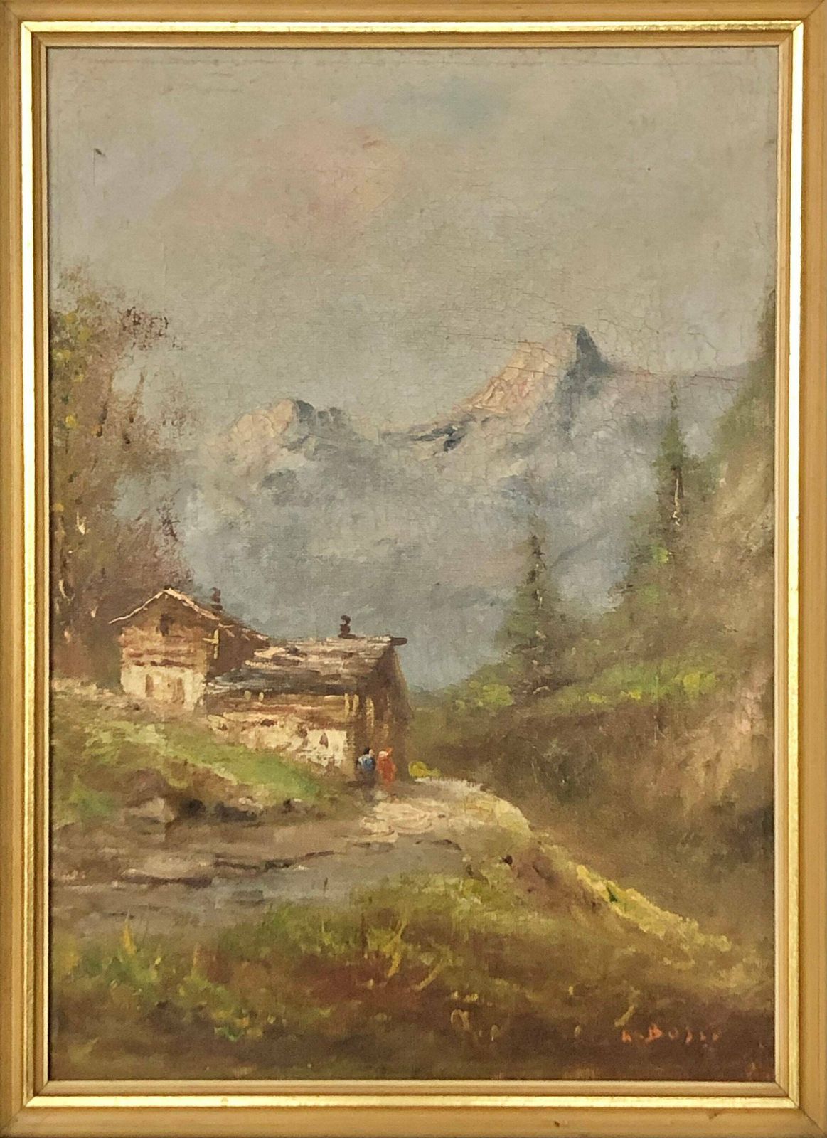 Outstanding Antique Oil On Canvas Painting From With Motive Of Beautiful Landscape And Countryside House With Mountains In The Background photo furniture