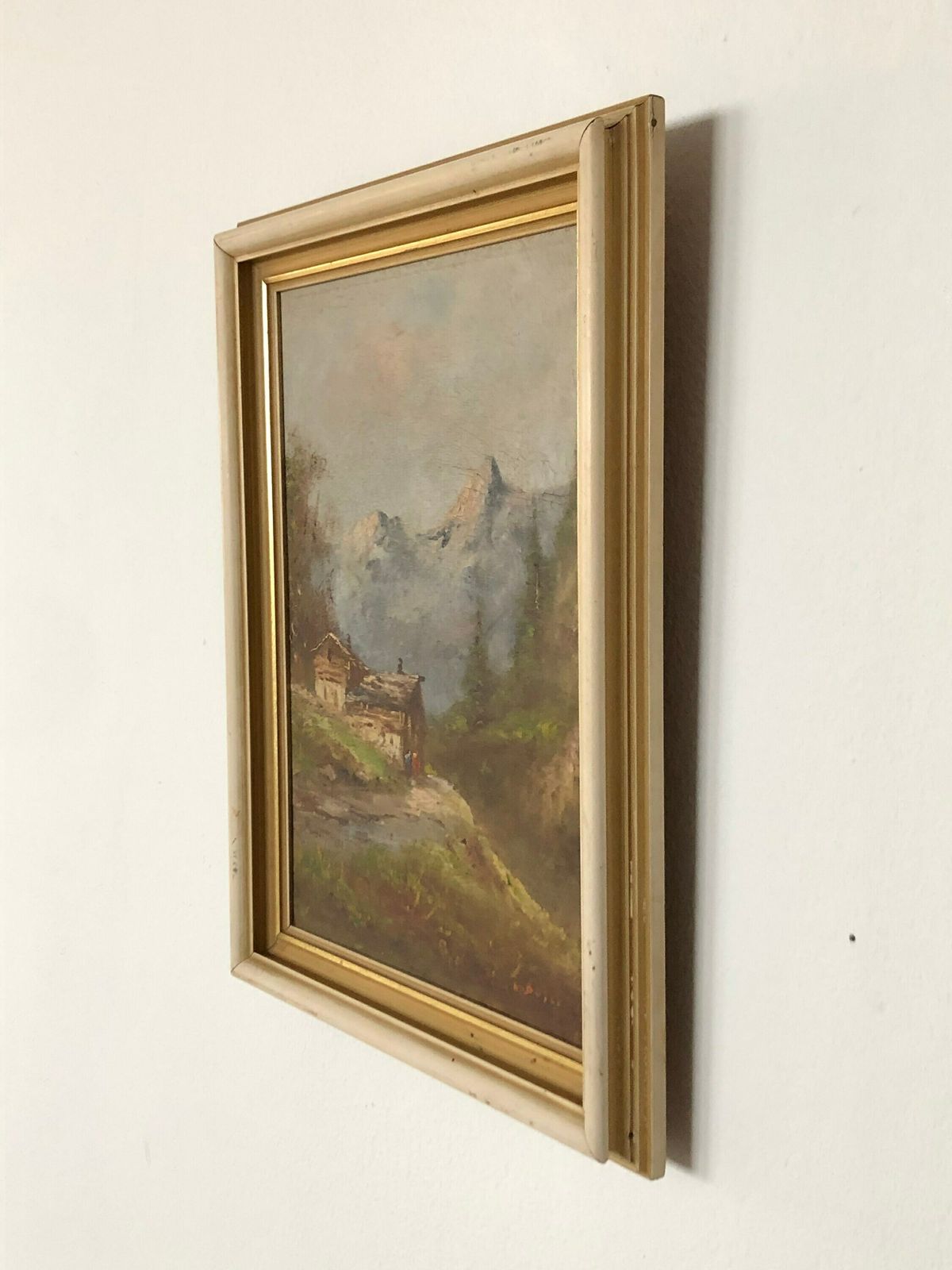 Outstanding Antique Oil On Canvas Painting From With Motive Of Beautiful Landscape And Countryside House With Mountains In The Background photo buy