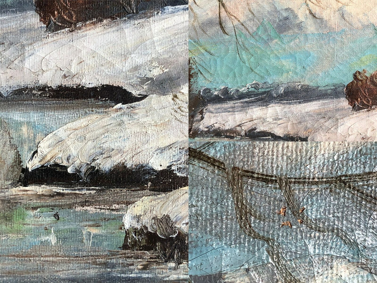 photo furniture Vintage Oil Painting With Motive Of Winter Landscape From Odense Aa, Funen   Original Danish Art