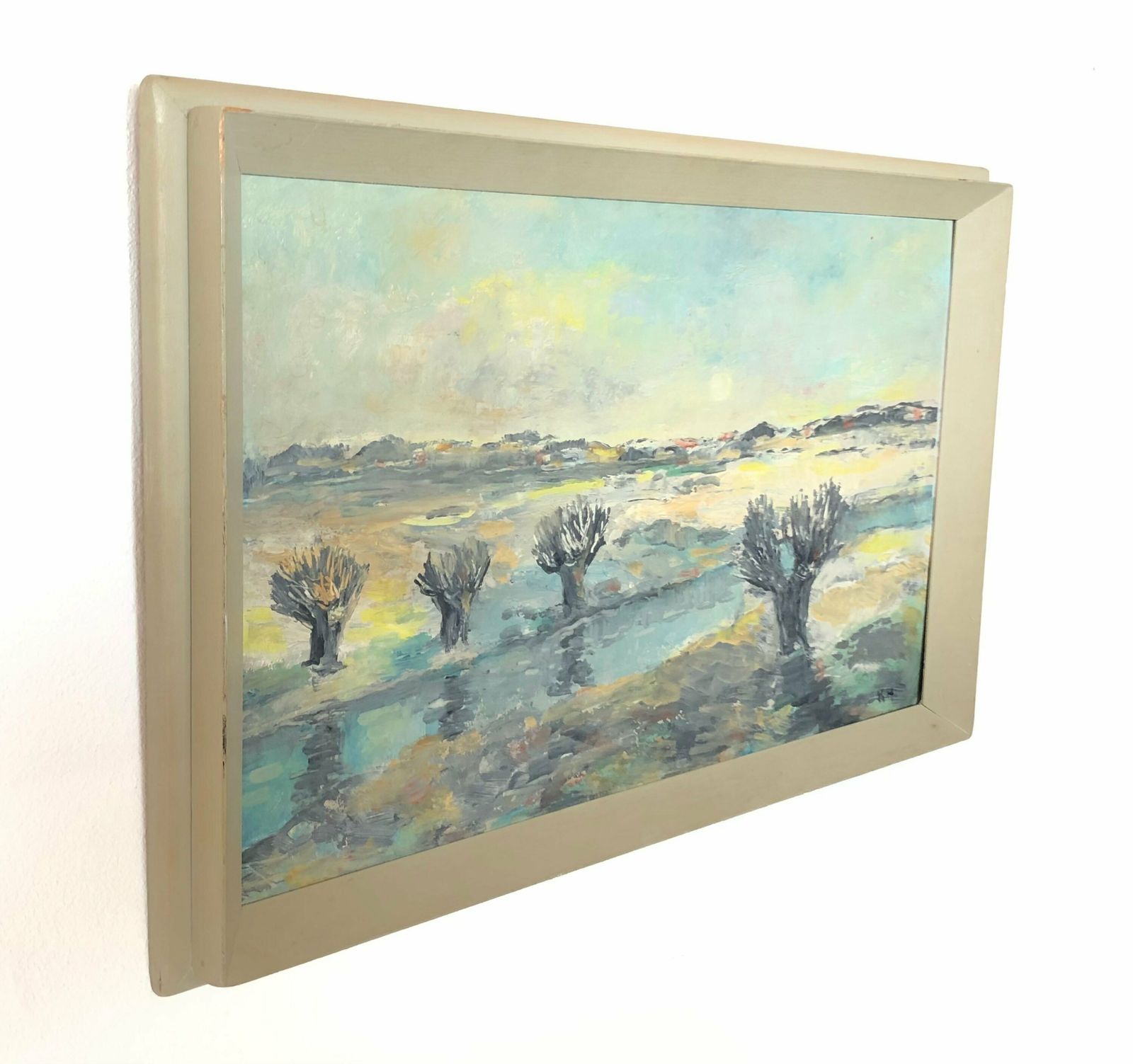 Vintage Oil Painting From Denmark Signed Kh With Motive From Odense å Of Naked Trees In A Beautiful Winter Landscape photo for sale