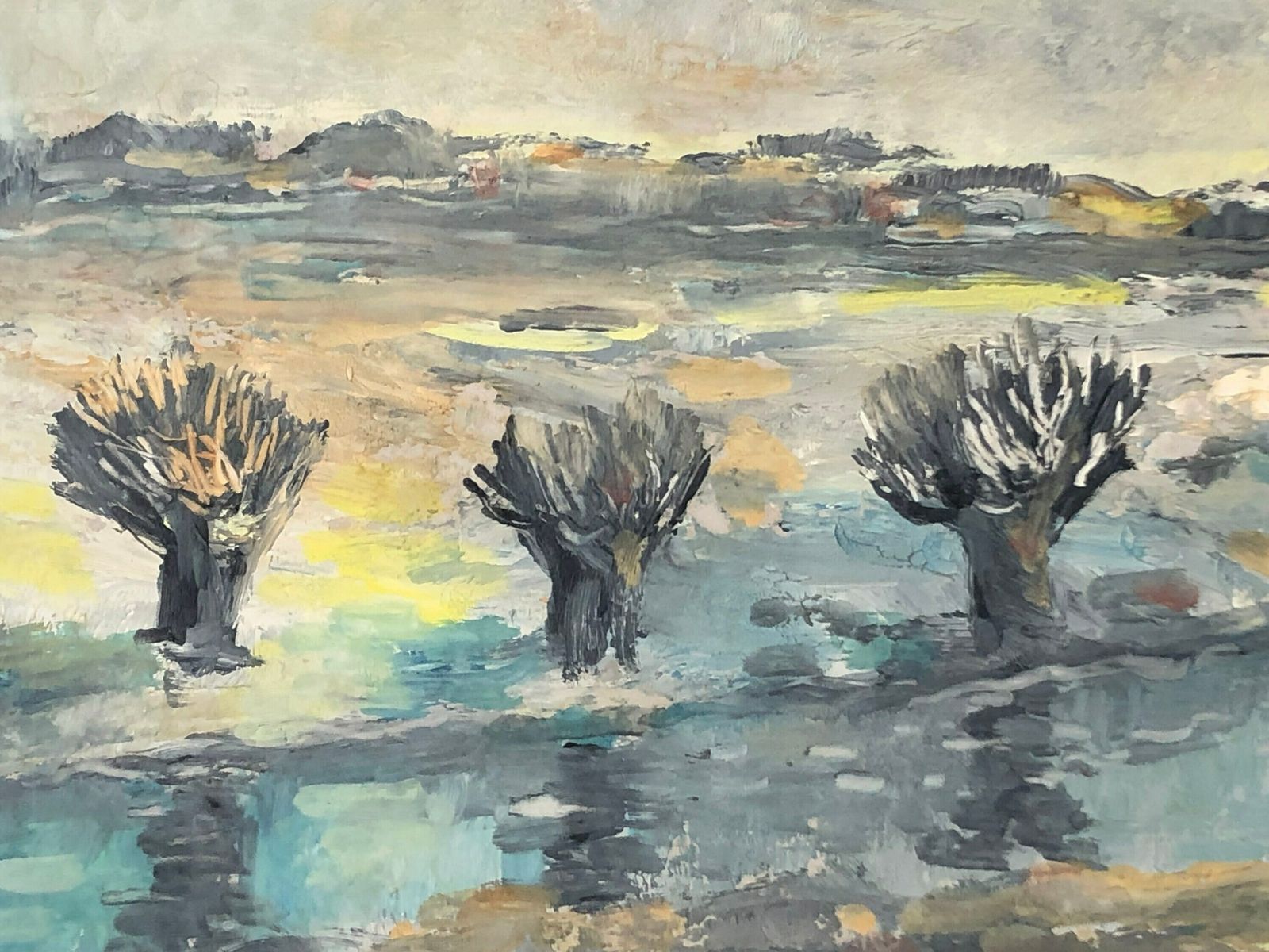 Vintage Oil Painting From Denmark Signed Kh With Motive From Odense å Of Naked Trees In A Beautiful Winter Landscape photo 229.0