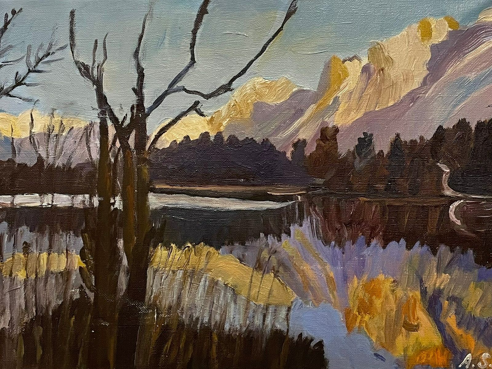 Vintage Danish Abstract Landscape Signed Oil Painting In Strong Colours With Lake And Mountains photo furniture
