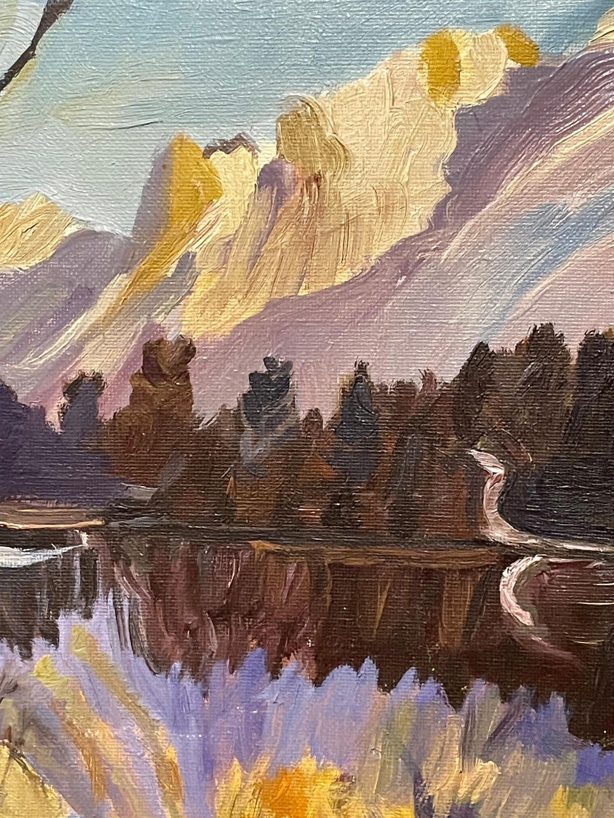 Vintage Danish Abstract Landscape Signed Oil Painting In Strong Colours With Lake And Mountains photo vinterior