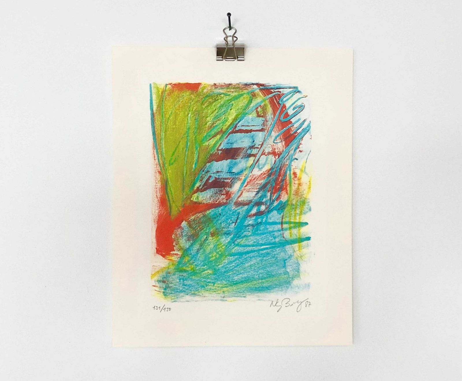 Original Danish Abstract Print From 1987 By Peter Nyborg (B.1937) In Strong Blue, Red And Green Colours