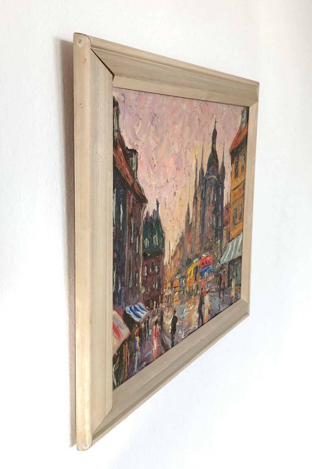 Expressionist Mid Century Oil On Canvas Painting With Motive From City Full Of Life   Great Details And Style photo vinterior