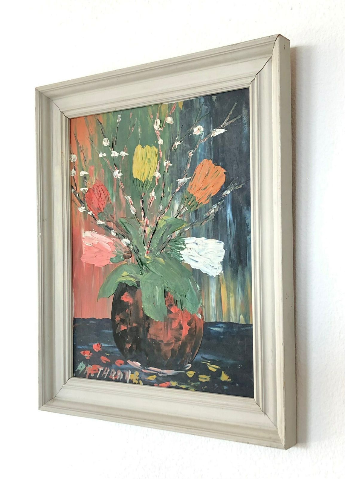 Danish Original Vintage Expressionist Painting By Aage Werner Thrane (1924 2000) With Still Life Motive Of Spring Flowers In Vase photo Art