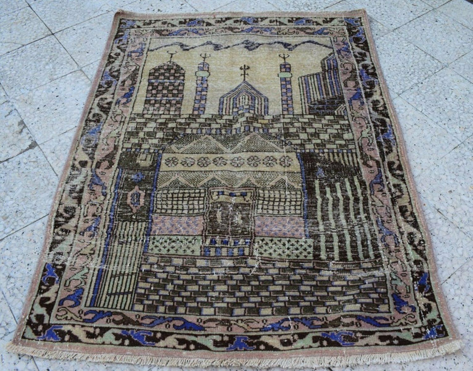 Turkish Pictorial Rug, 1970s, Vintage