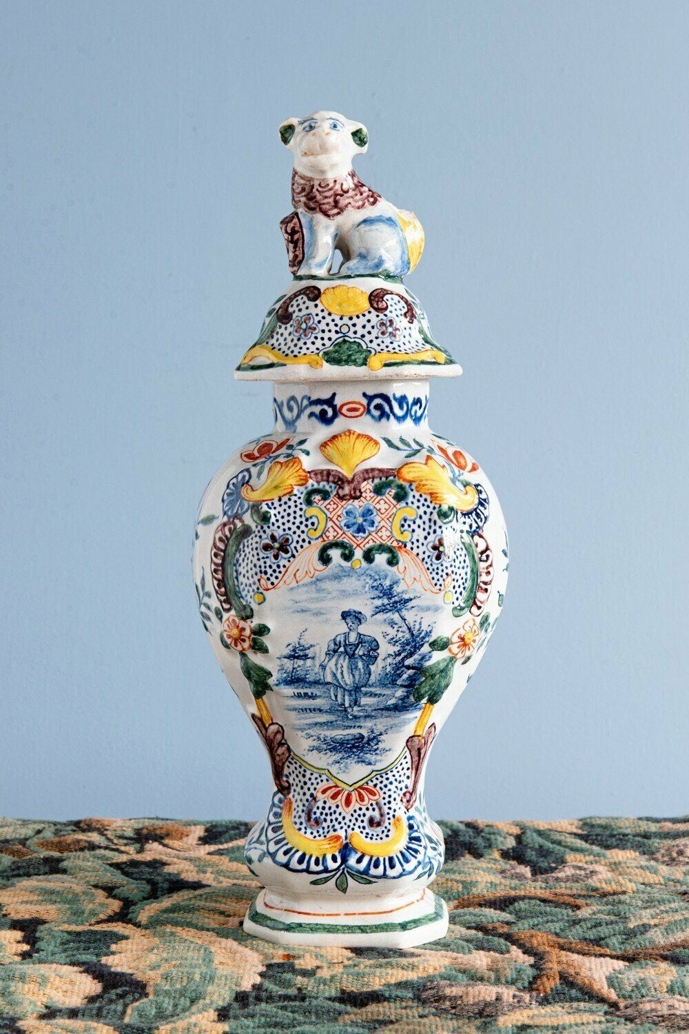 Dutch Delftware, Pair Of Polychrome Covered Baluster Vases, 18th Century photo for sale