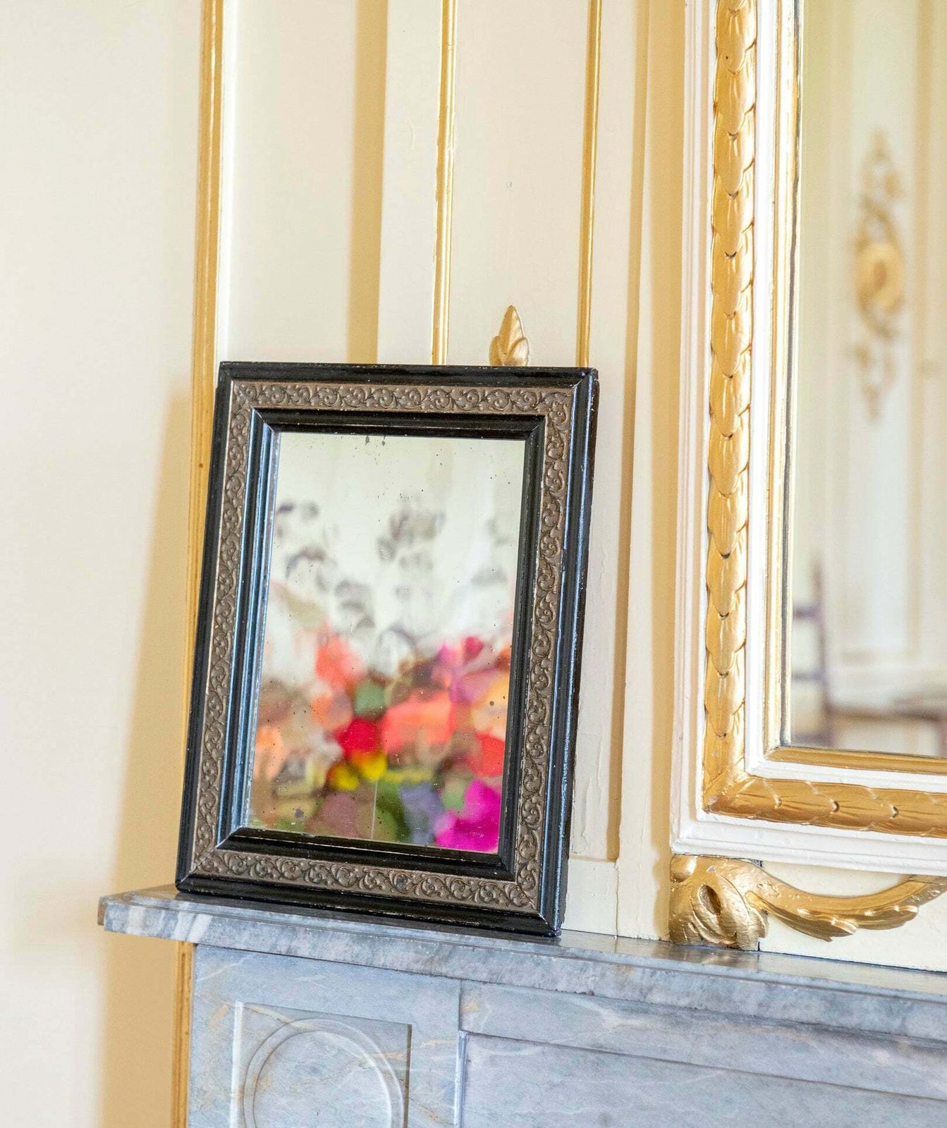 Antique French Mirror With Carved Wooden Frame, Small Decorative Mirror, Distressed Old Wall Mirror, Farmhouse Decor photo furniture