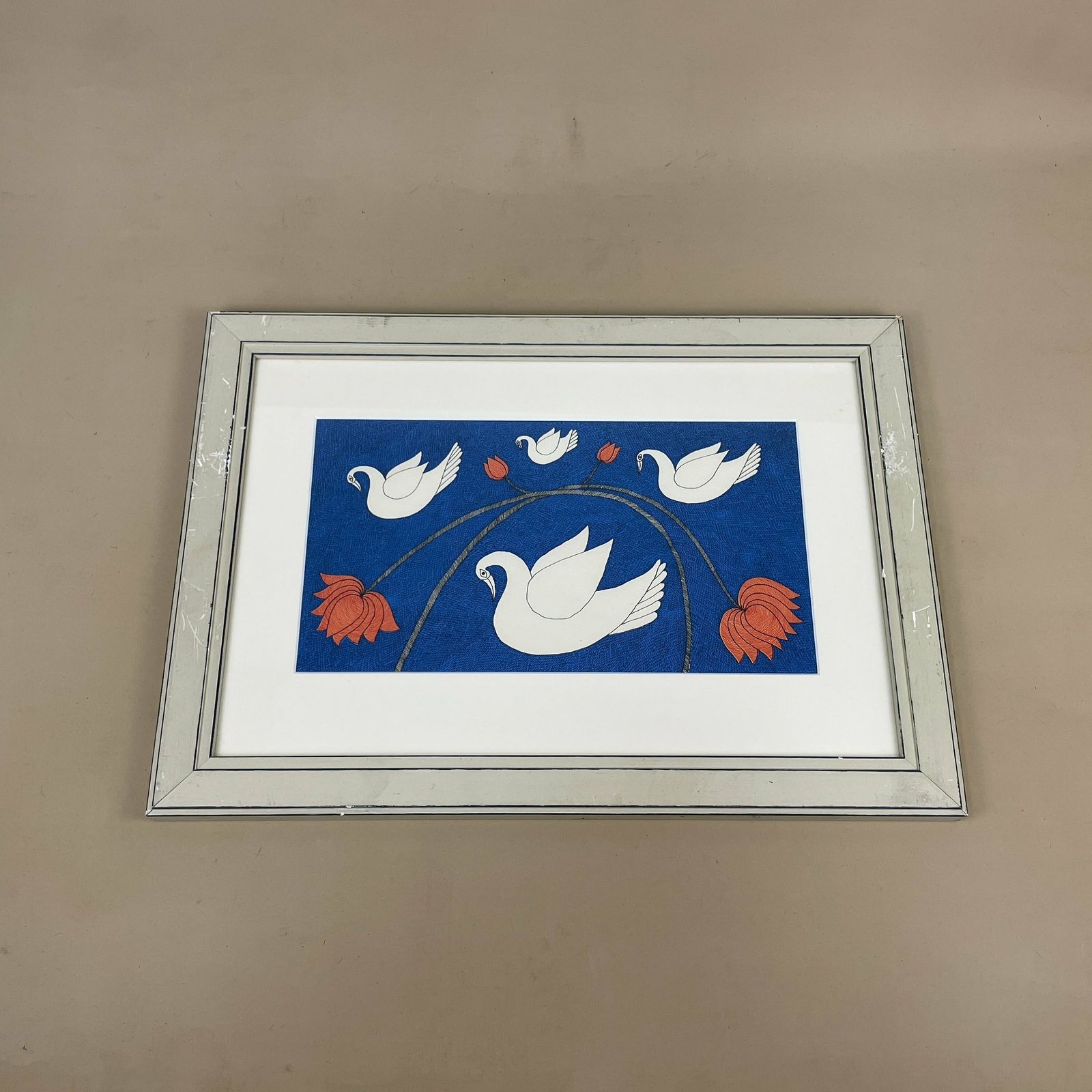 Rambharos Jha Art Silk Screen Print Water Life Series Picture Artwork Prints Framed Painting Picture Wood Indian Artist Swan Bird Floral