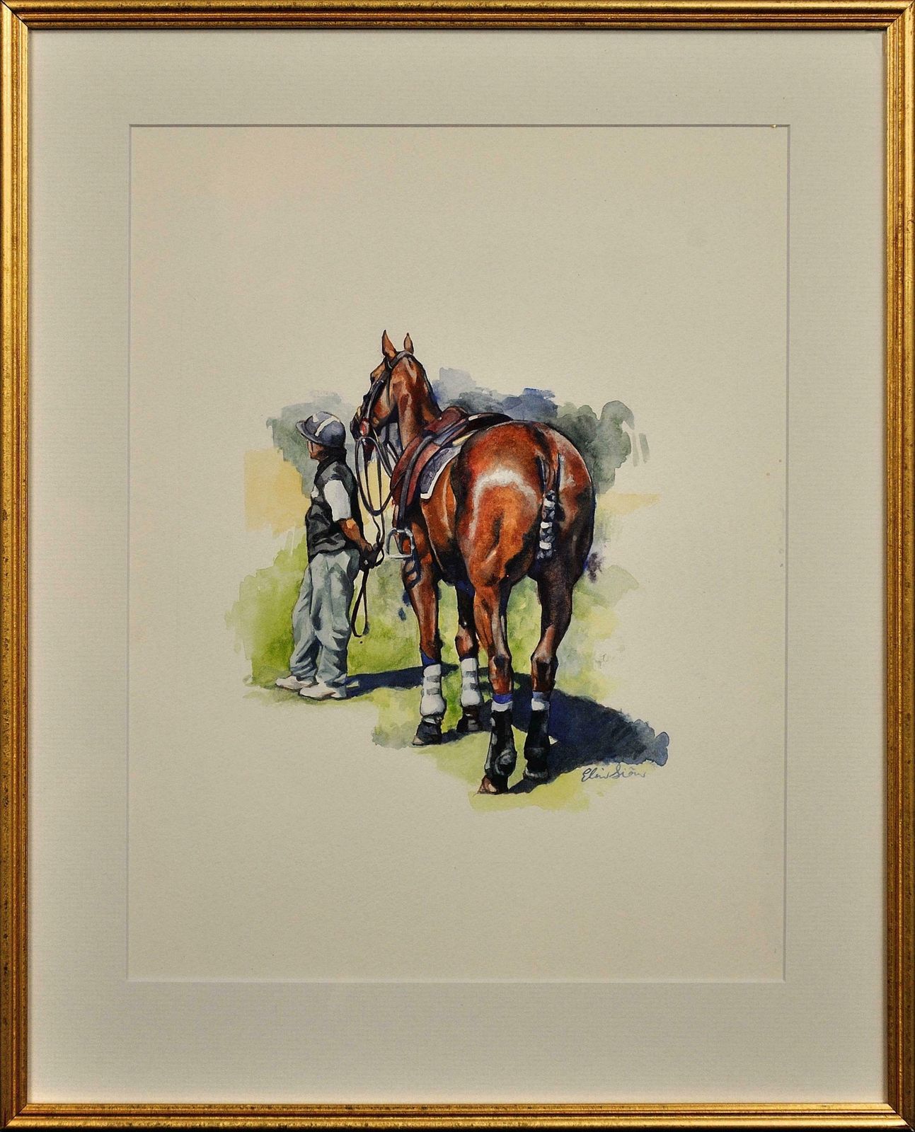 Elin Sian Blake Polo Match, Cirencester, Player And Pony. Cotswolds. Parkland. Framed Watercolour