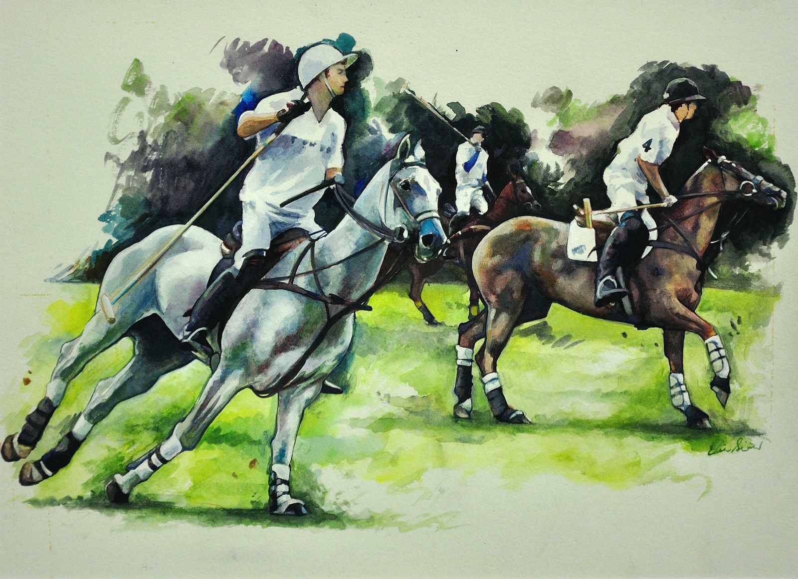 Elin Sian Blake Polo Match, Cirencester, The First Chukka. Cotswolds. Parkland.Framed Watercolour. photo furniture