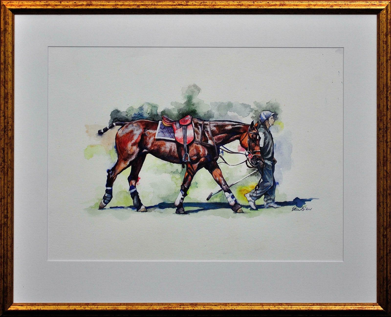 Elin Sian Blake Polo Match, Cirencester, Player Leading Pony. Cotswolds. Framed Watercolour.
