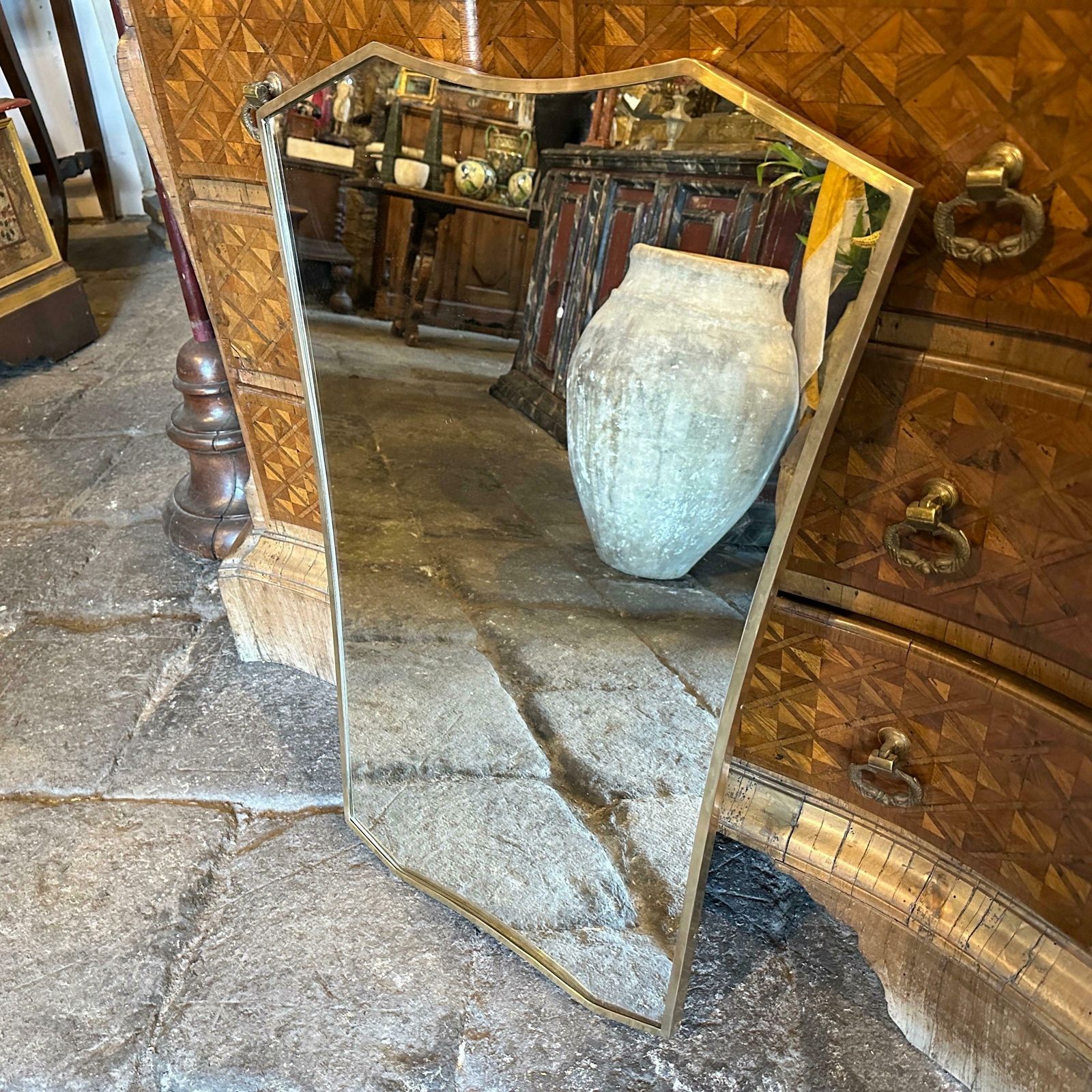 1960s Mid Century Modern Brass Italian Wall Mirror In The Manner Of Gio Ponti photo furniture