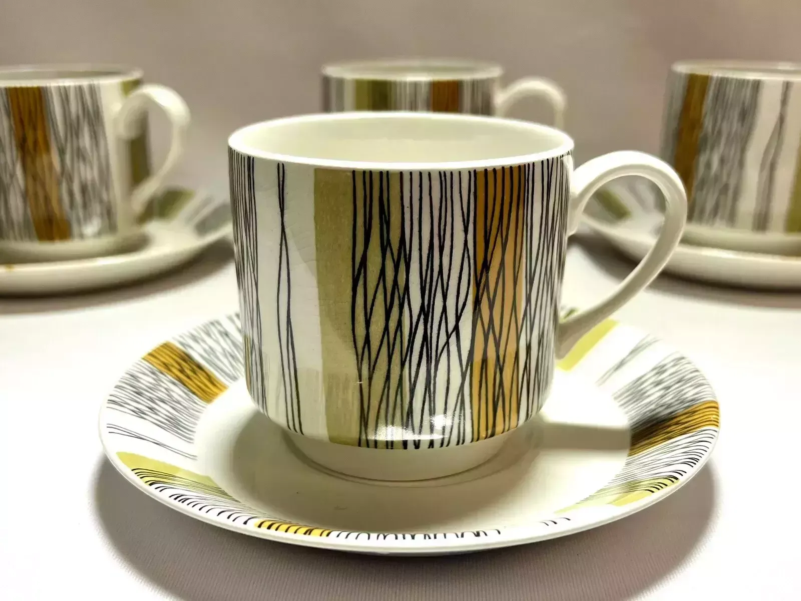 photo for sale Vintage 1960s Midwinter Pottery Sienna Stripe 12 Piece Coffee Set Jessie Tait Design, 'Fine' Shape