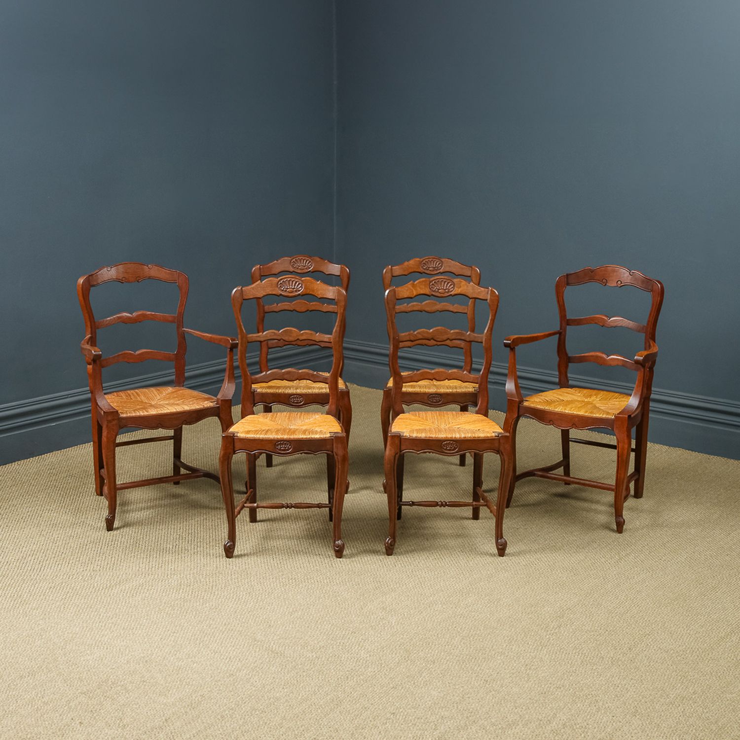 French Set Of 6 Six Louis XV Style Oak Ladder Back Rush Seat Kitchen Dining Chairs (Circa 1920)
