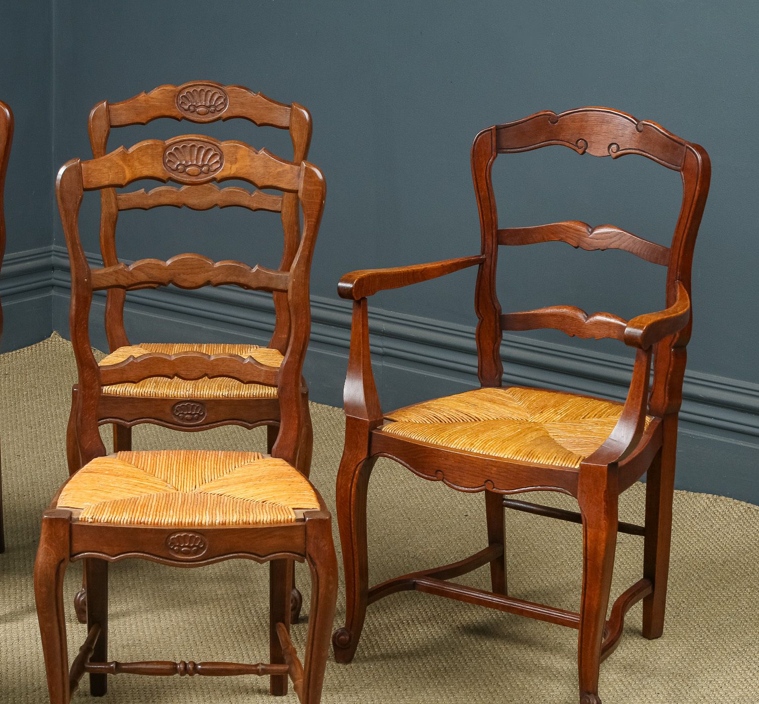French Set Of 6 Six Louis XV Style Oak Ladder Back Rush Seat Kitchen Dining Chairs (Circa 1920) photo Furniture