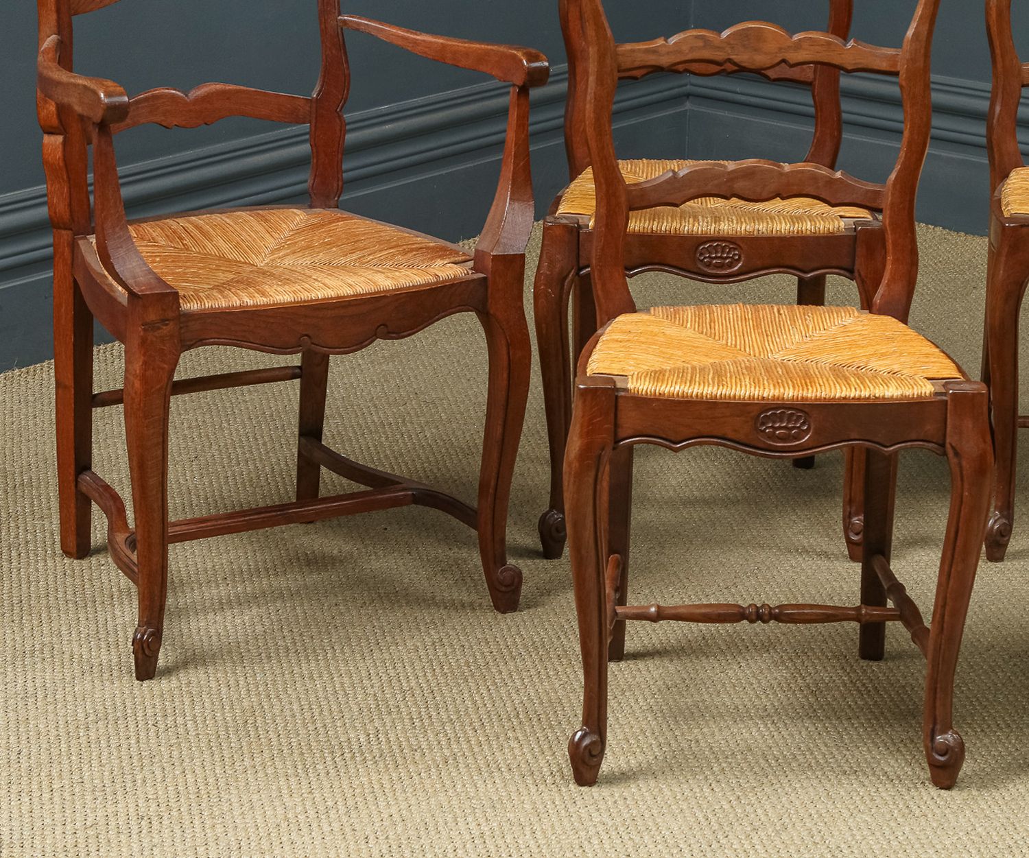 French Set Of 6 Six Louis XV Style Oak Ladder Back Rush Seat Kitchen Dining Chairs (Circa 1920) photo vinterior