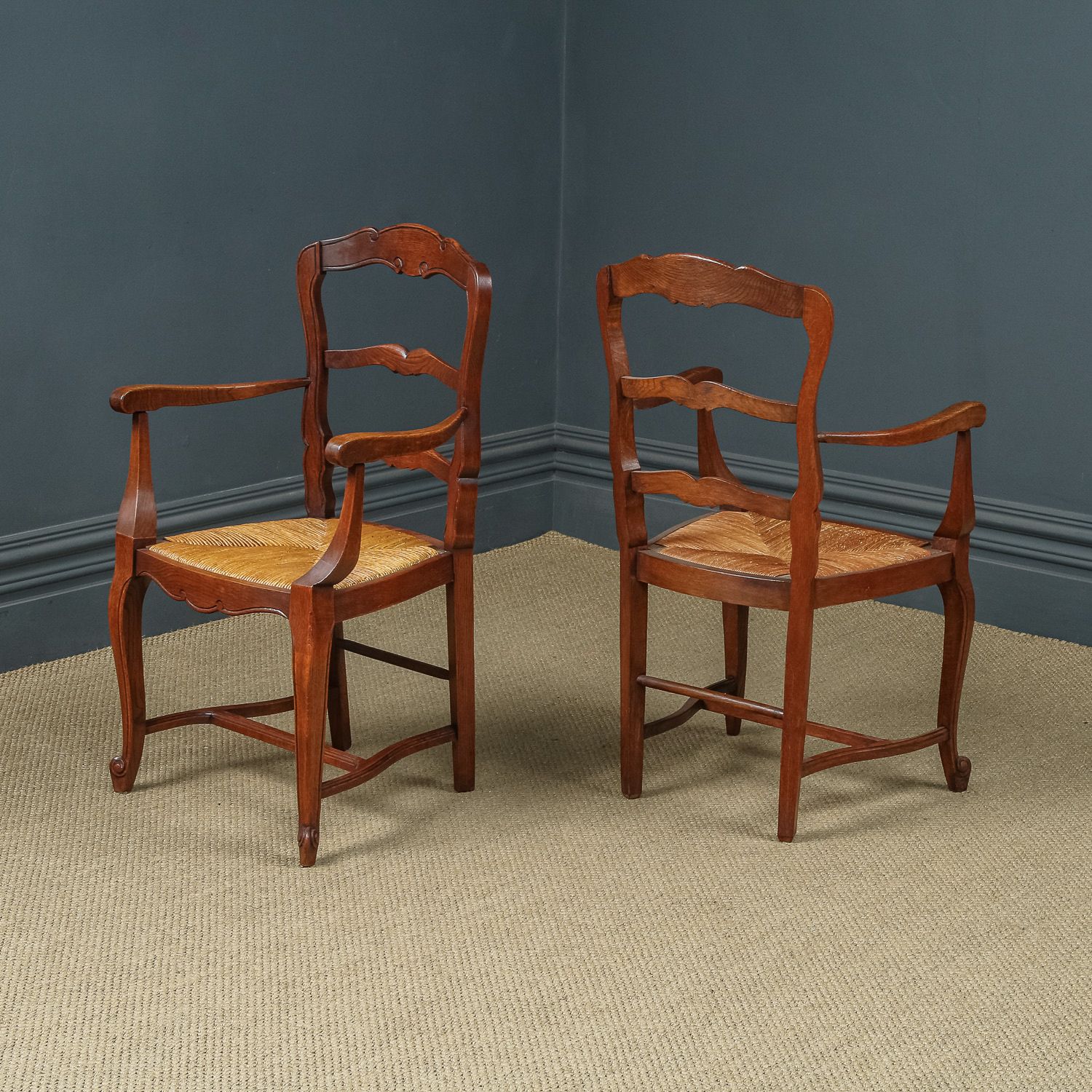 French Set Of 6 Six Louis XV Style Oak Ladder Back Rush Seat Kitchen Dining Chairs (Circa 1920) photo buy