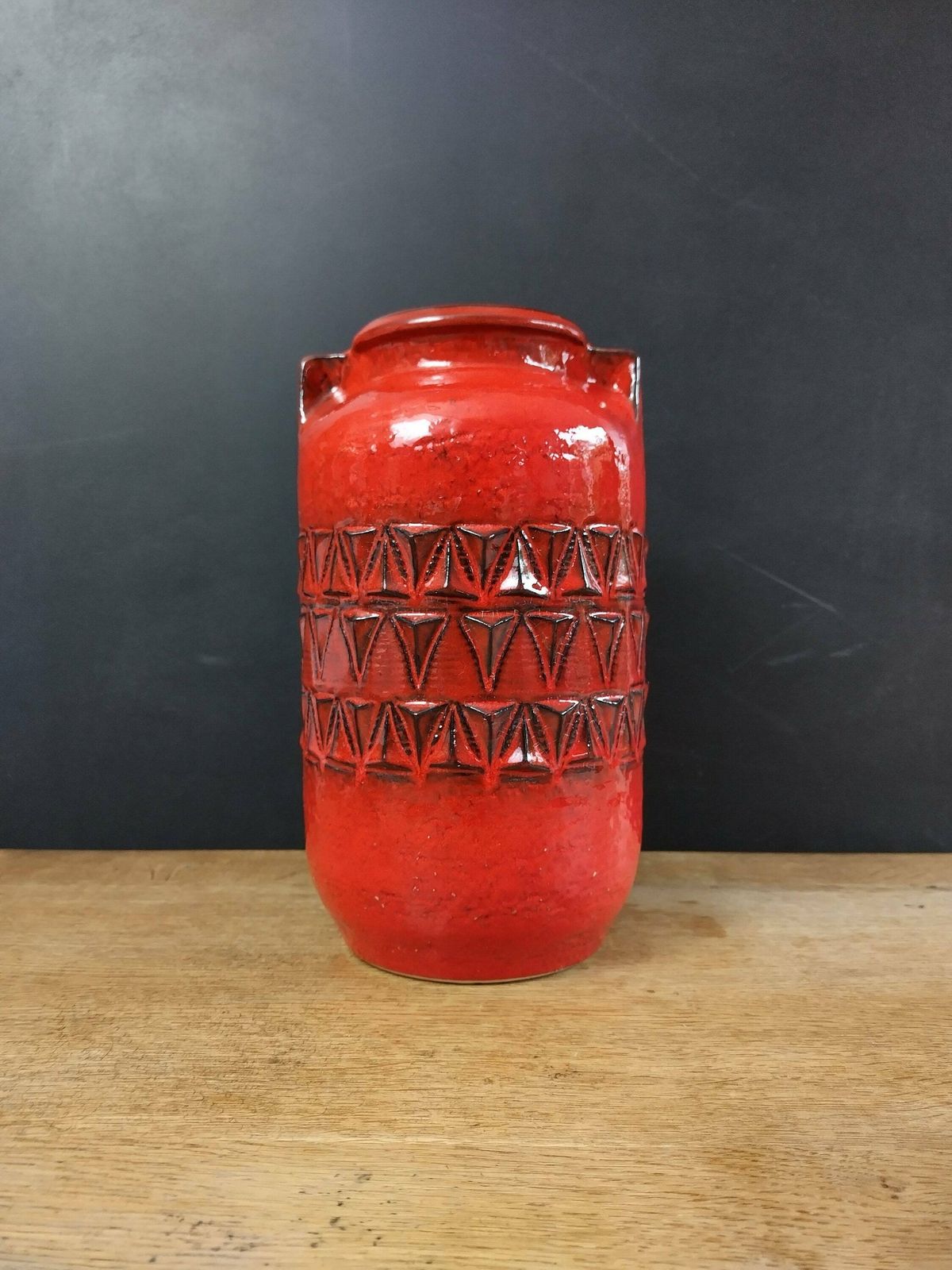 Jasba Vibrant Red West German Pottery Vase With Faux Pinch Handles C1970s photo vinterior