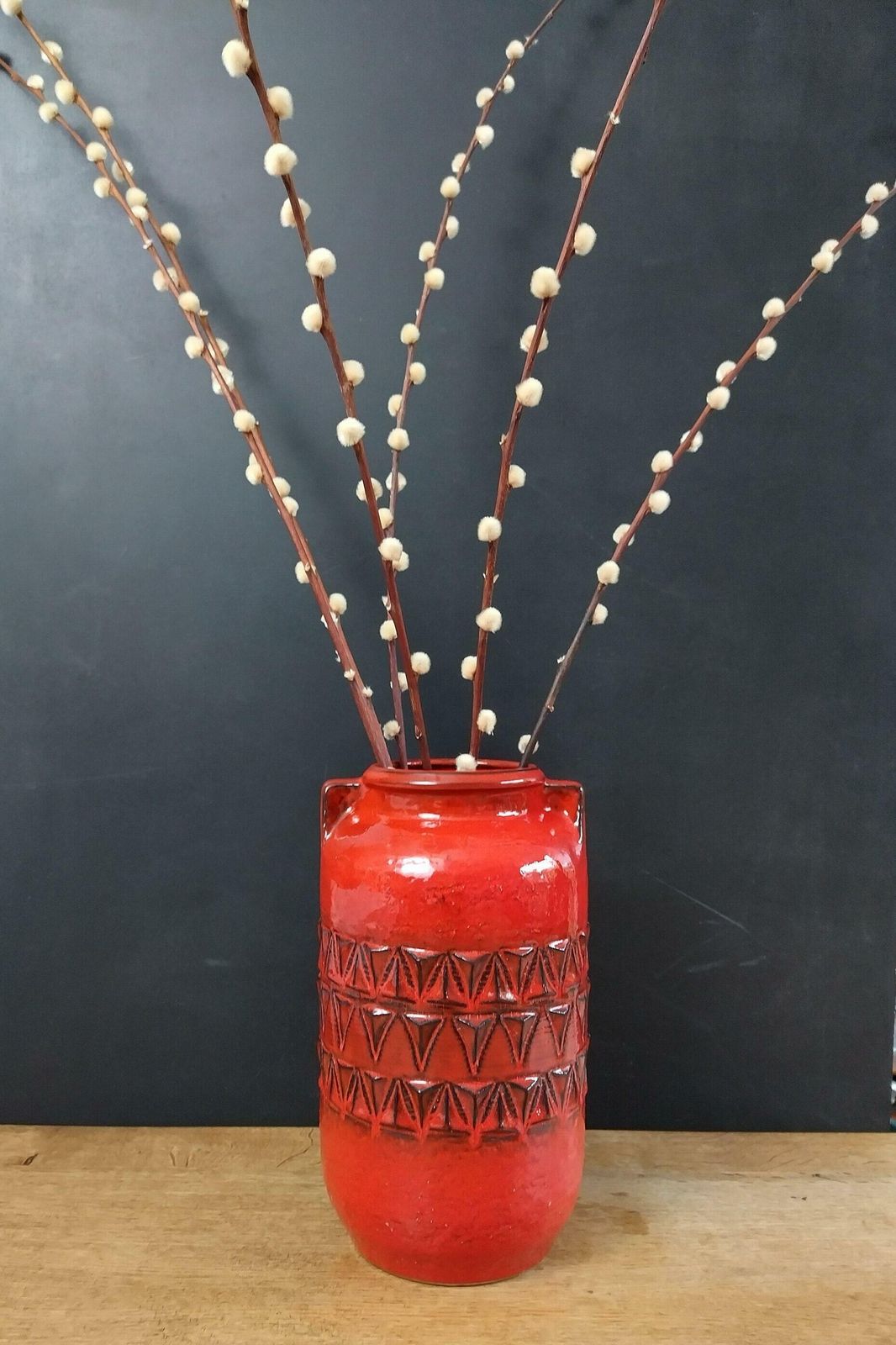 photo furniture Jasba Vibrant Red West German Pottery Vase With Faux Pinch Handles C1970s