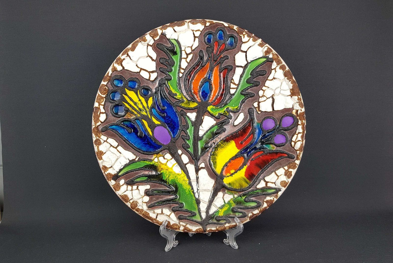 Xxl Marei Keramik (Majolikafabrik Rheinbach) Wall Plate Floral Decor West German Pottery 1970s