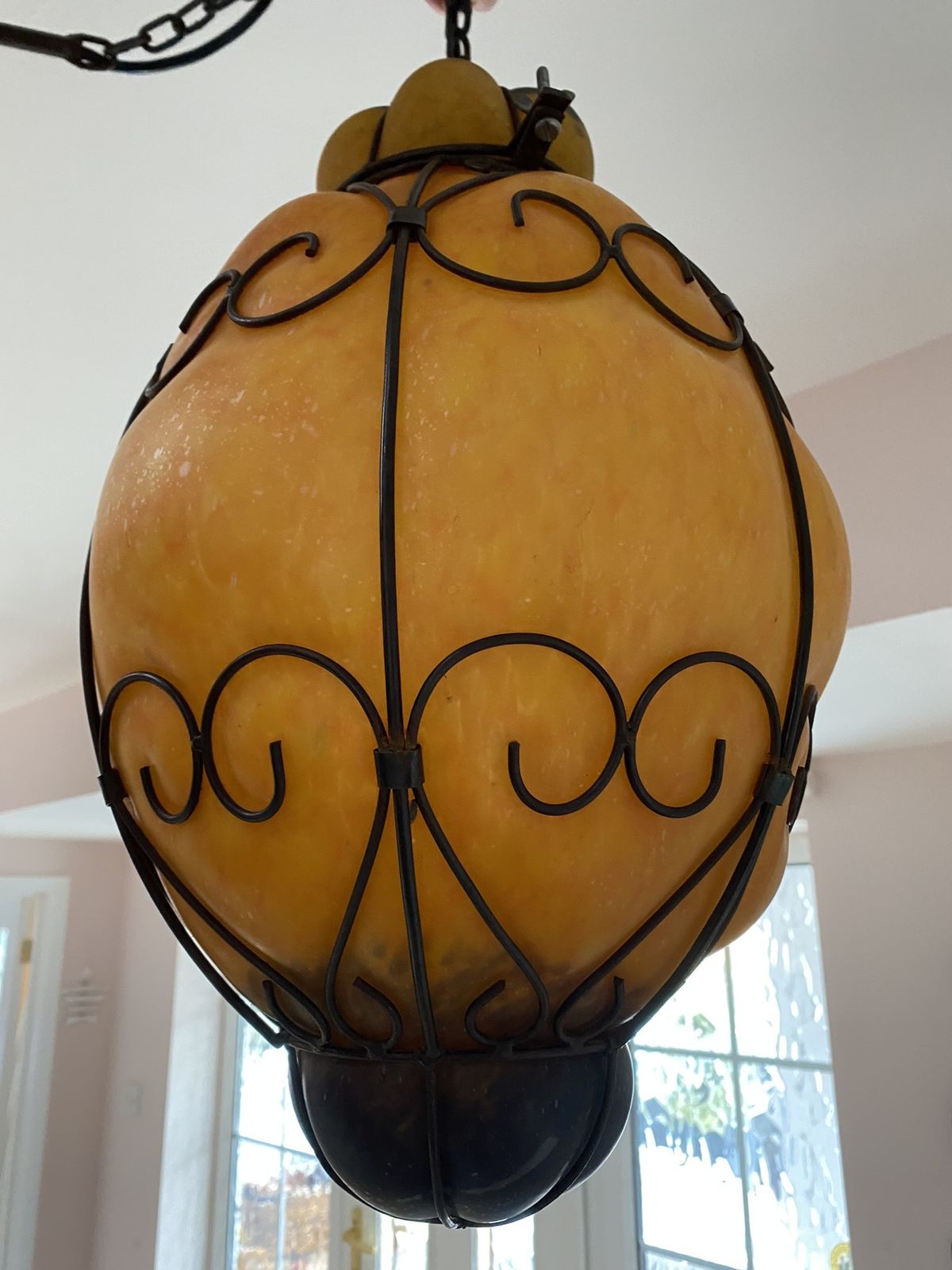 Large 1960s Venetian Wrought Iron Cage Murano Glass Lantern Pendant Light Opaque Amber photo for sale