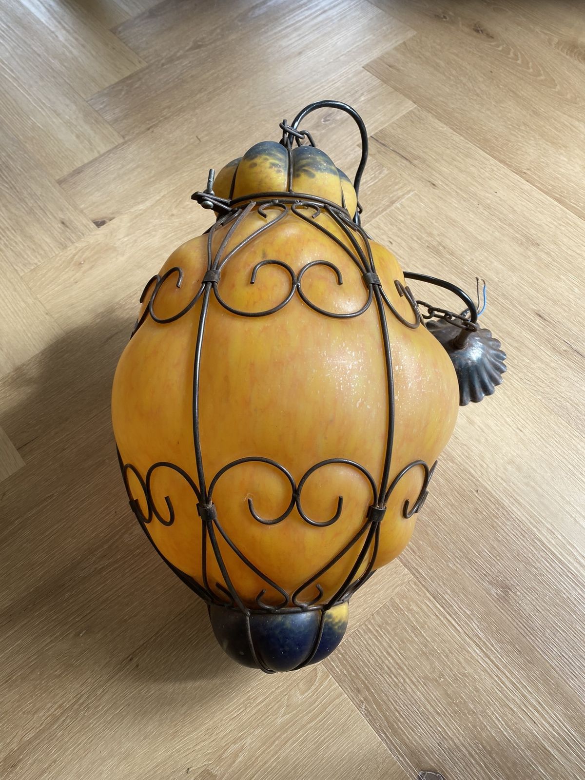 Large 1960s Venetian Wrought Iron Cage Murano Glass Lantern Pendant Light Opaque Amber photo Lighting