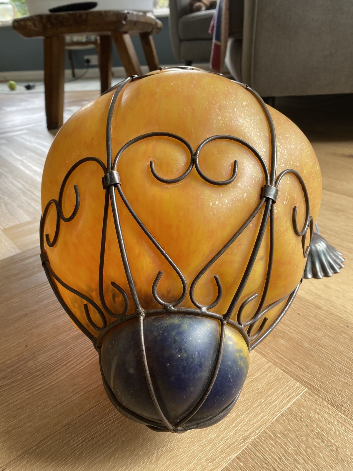 Large 1960s Venetian Wrought Iron Cage Murano Glass Lantern Pendant Light Opaque Amber photo vinterior