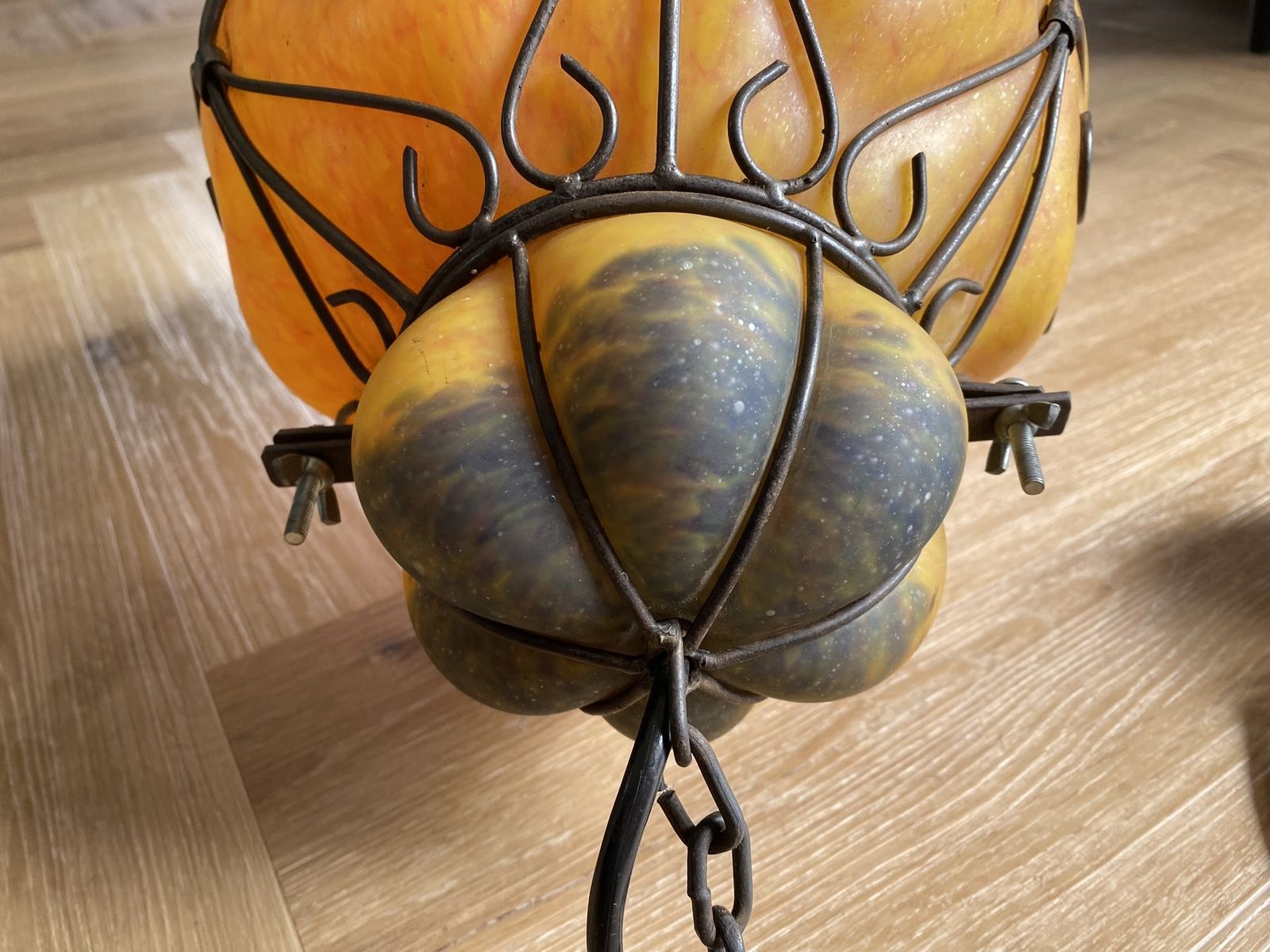 245.0 Large 1960s Venetian Wrought Iron Cage Murano Glass Lantern Pendant Light Opaque Amber photo