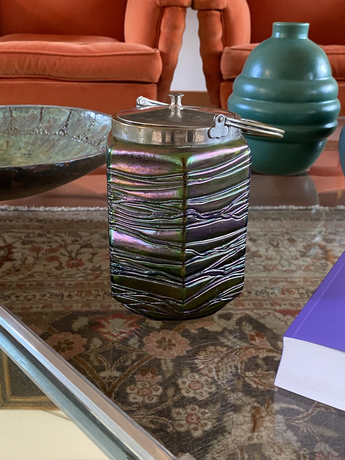 Jugendstil Iridescent Glass Cookies Jar, Pallme & König Austria 1910 Ca. photo 430.0