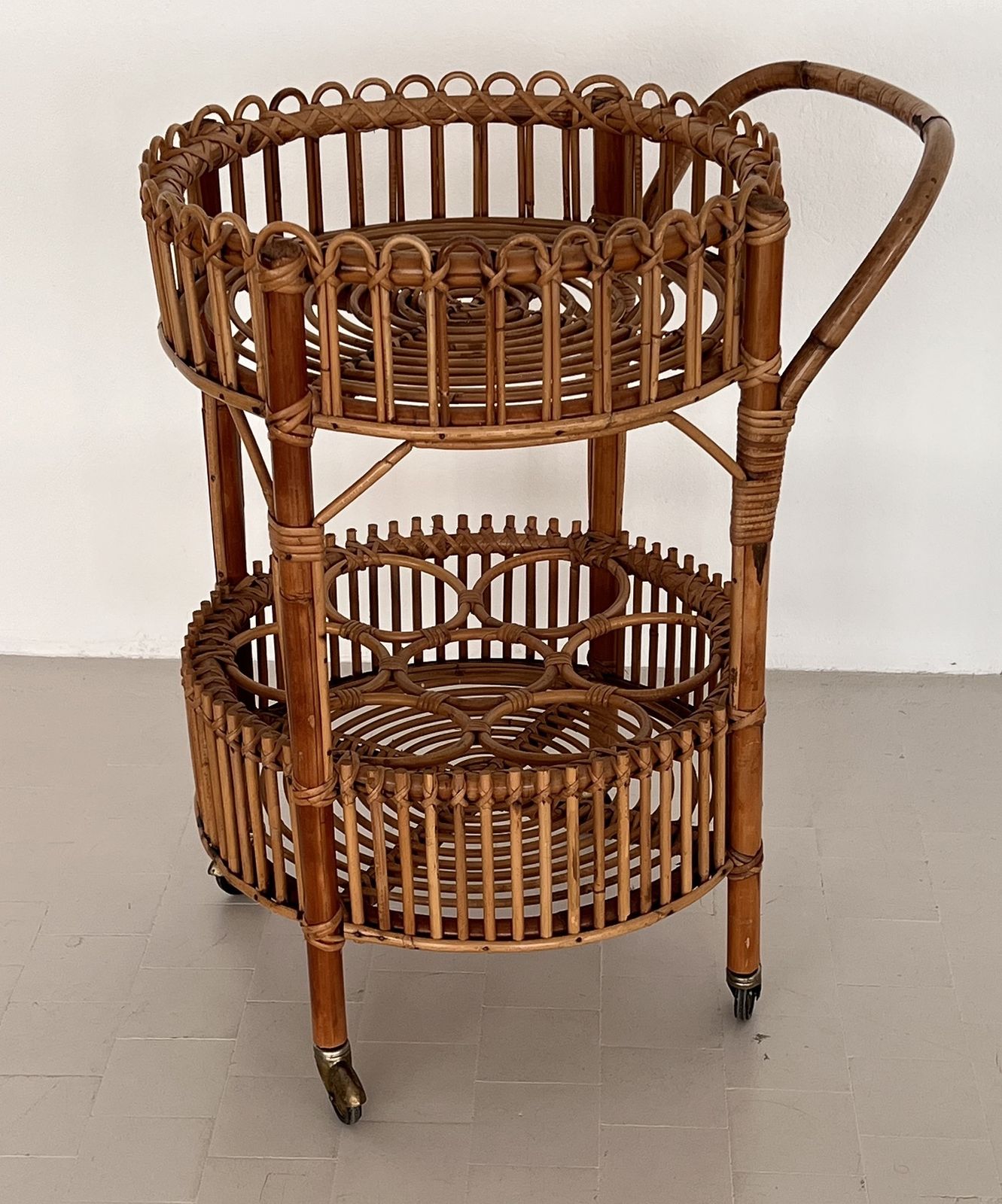 photo for sale Italian Bamboo And Rattan Serving Bar Cart Or Trolley, 1970