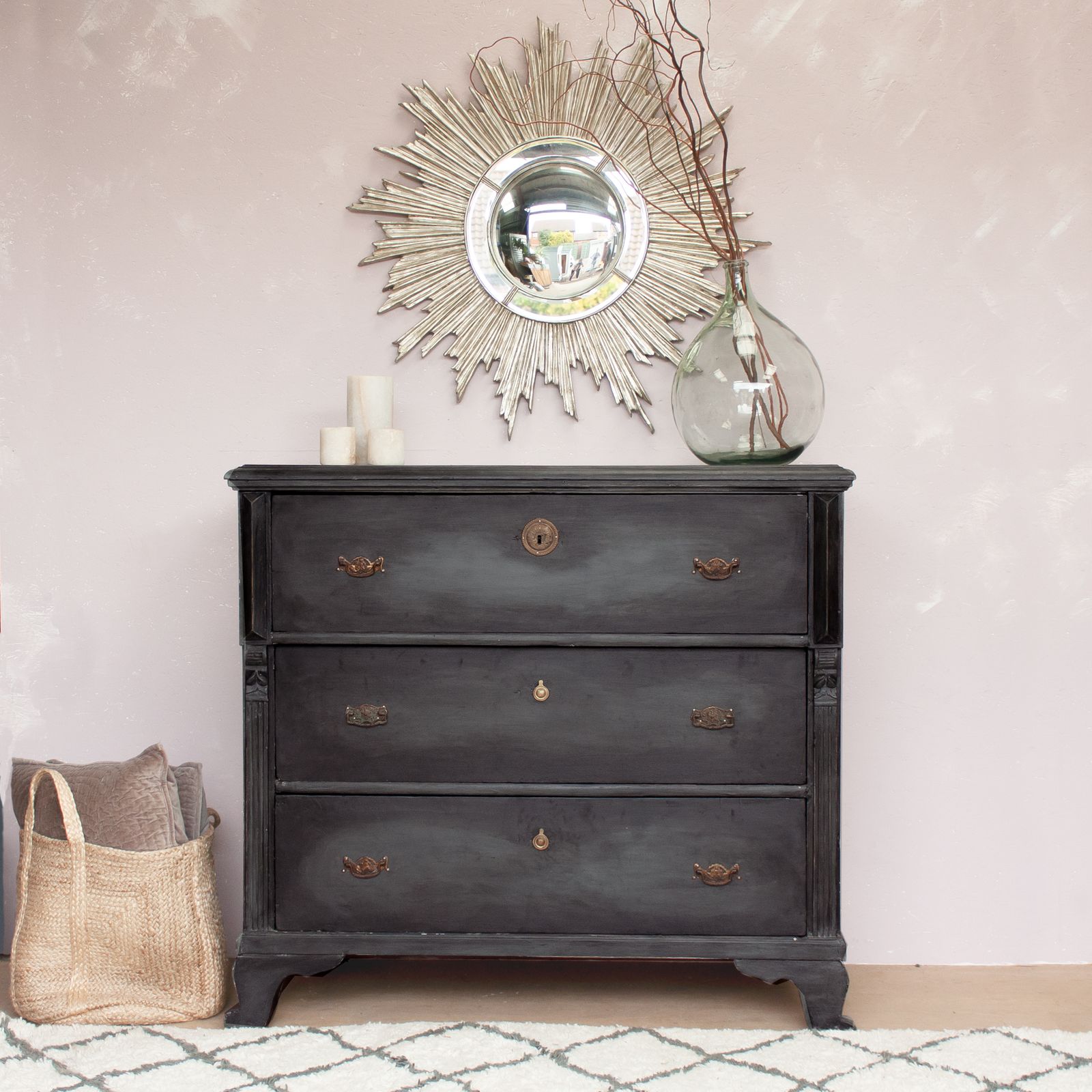Vintage Black Wooden Chest Of Drawers