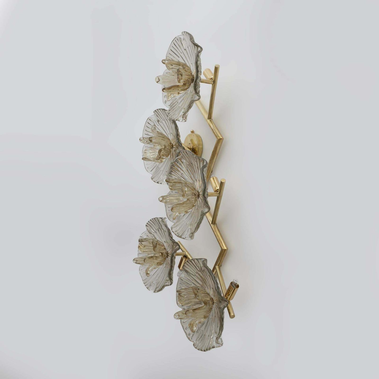 Pair Of Modern Italian Murano Glass And Brass Flowers Wall Lamps photo vinterior