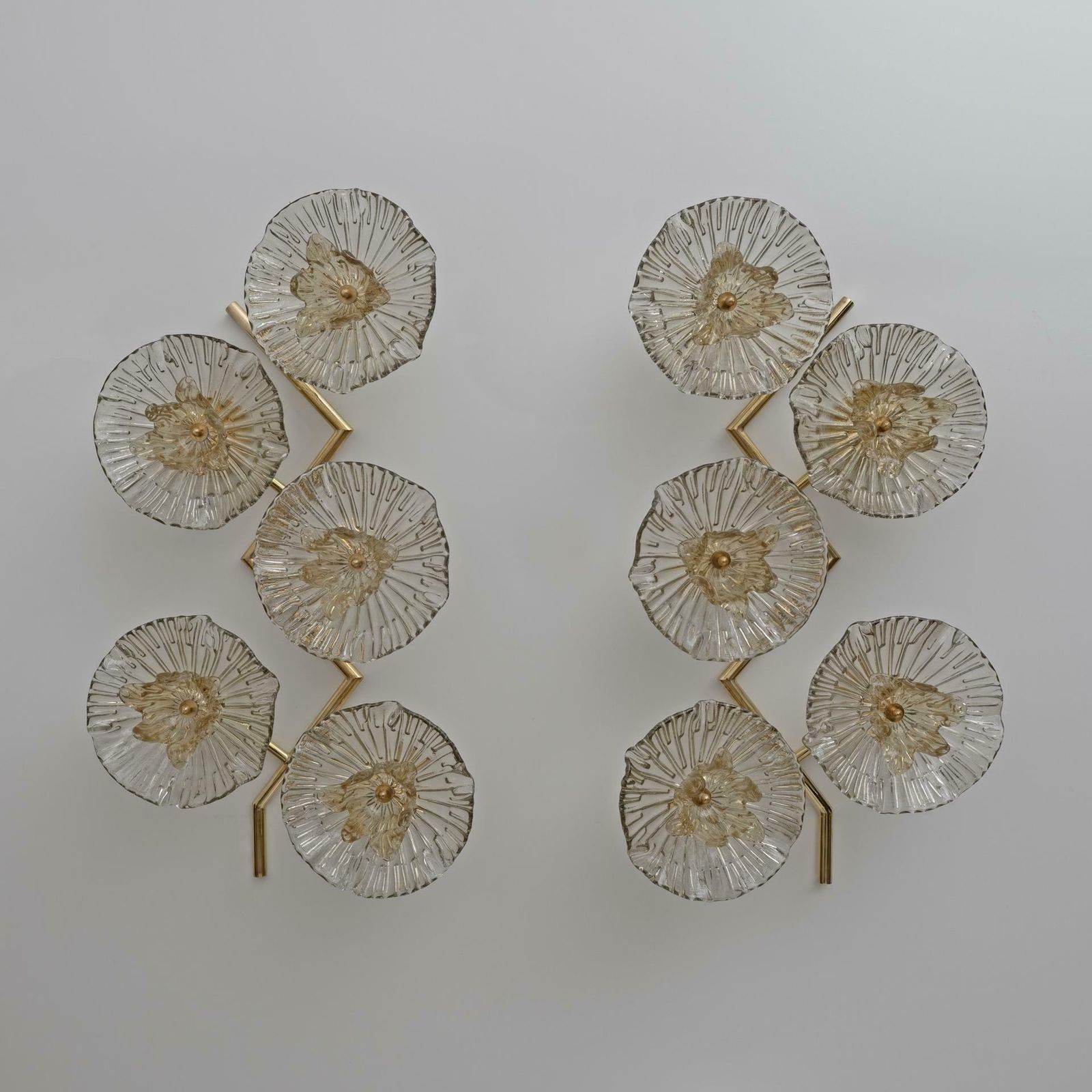 Pair Of Modern Italian Murano Glass And Brass Flowers Wall Lamps photo buy