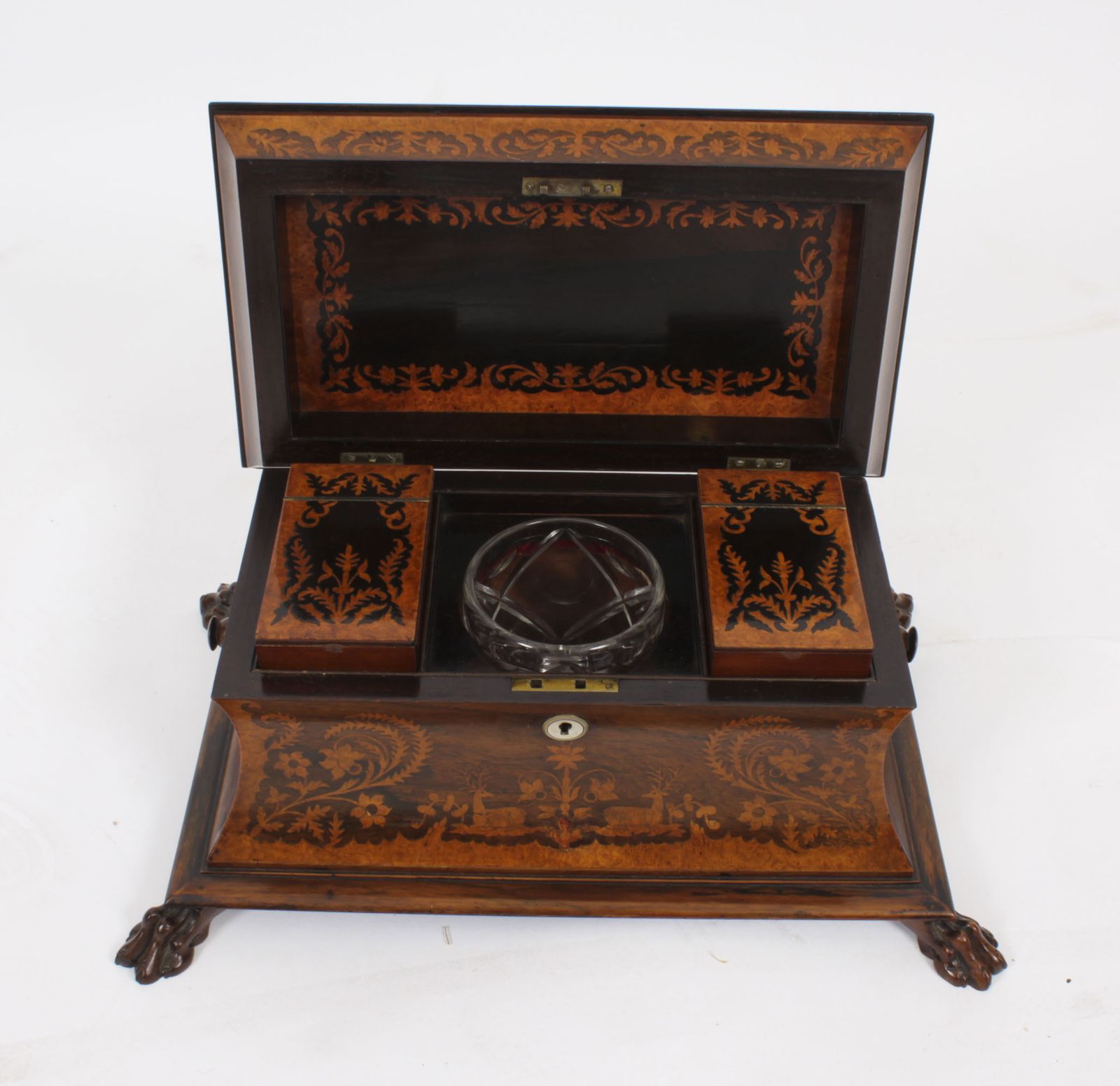 photo vinterior Antique George IV Gonçalo Alves & Amboyna Marquetry Tea Caddy C1825 19th C
