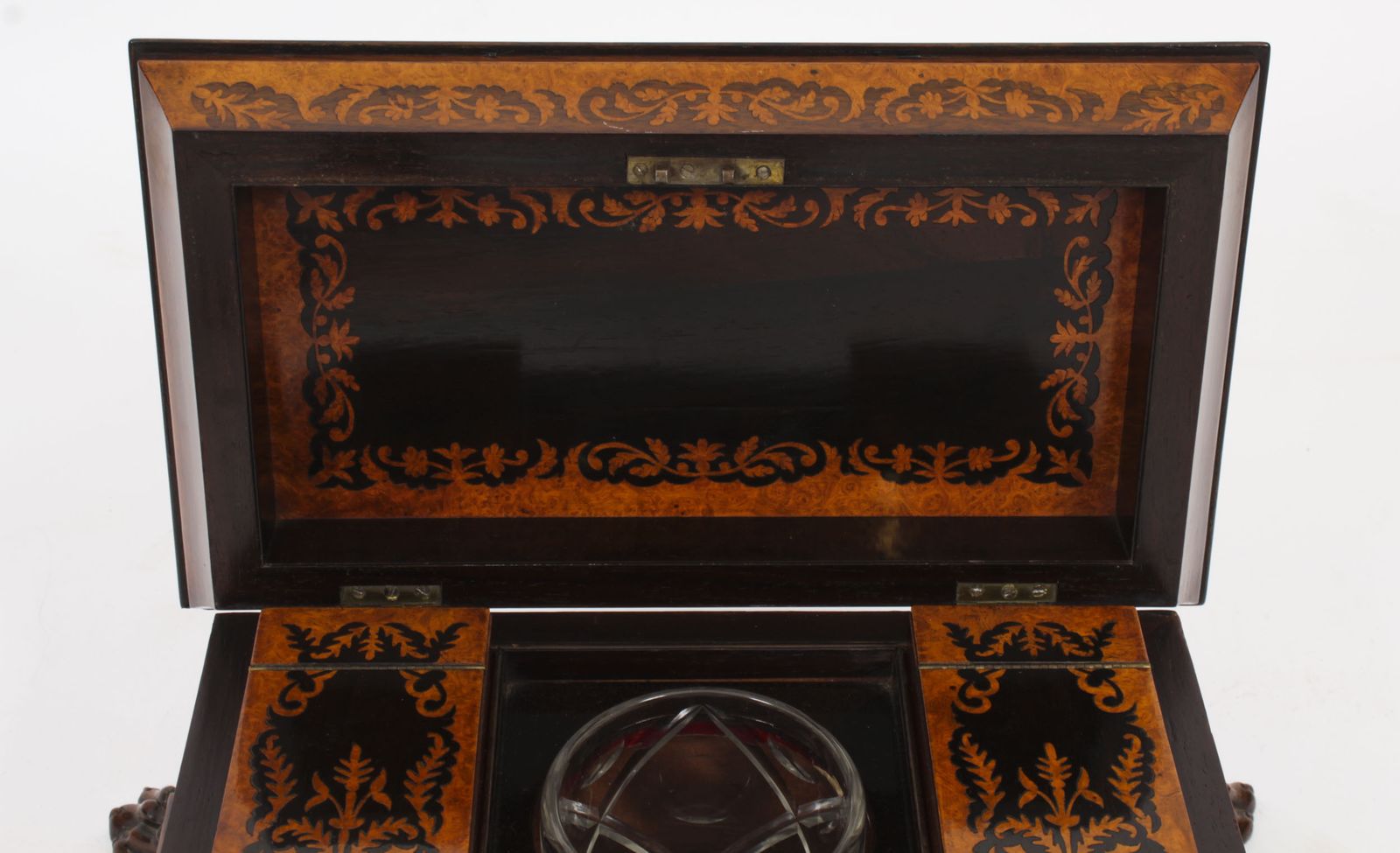 photo buy Antique George IV Gonçalo Alves & Amboyna Marquetry Tea Caddy C1825 19th C