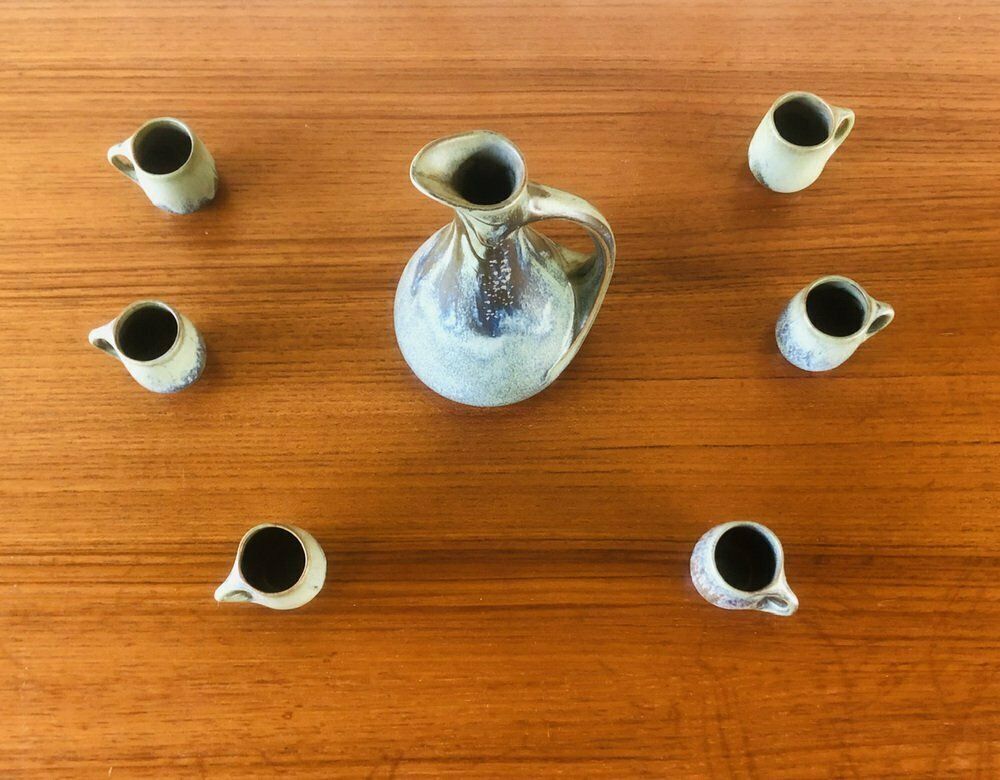 Art Nouveau Flamed Stoneware Liquor Service From Denbac, Set Of 7 photo for sale