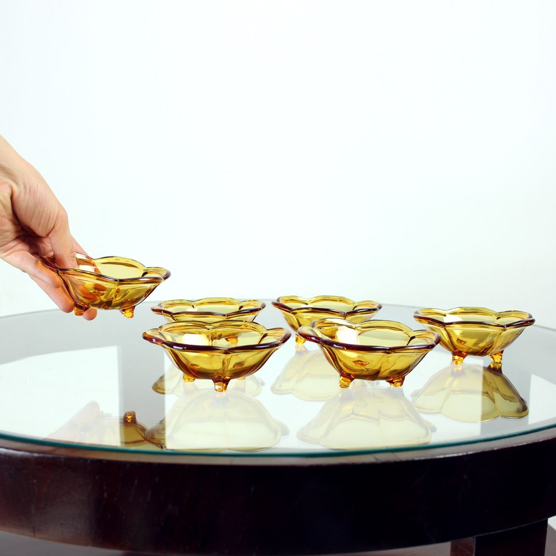 Set Of 6 Smaller Bowls In Amber Glass, Borske Sklo 1960s photo Home Decor