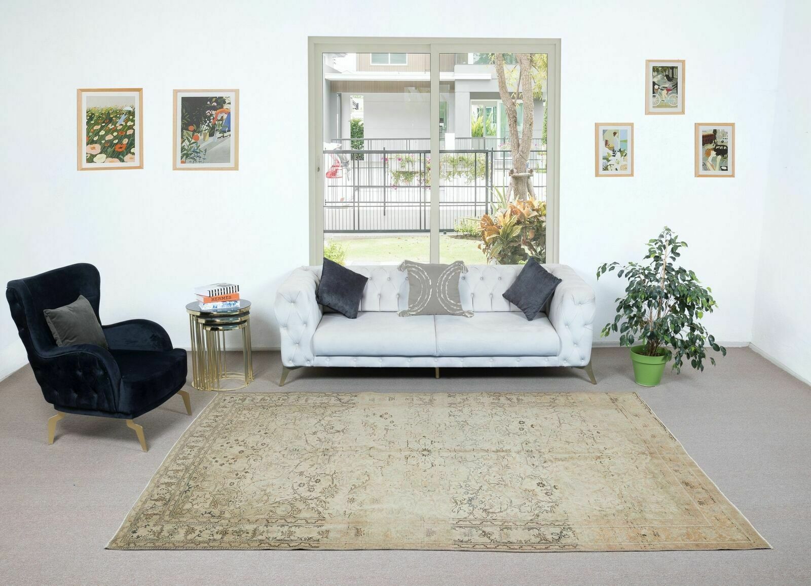 6.7x10 Ft Unique Vintage Handmade Rug In Beige, Faded Anatolian Oushak Carpet photo furniture